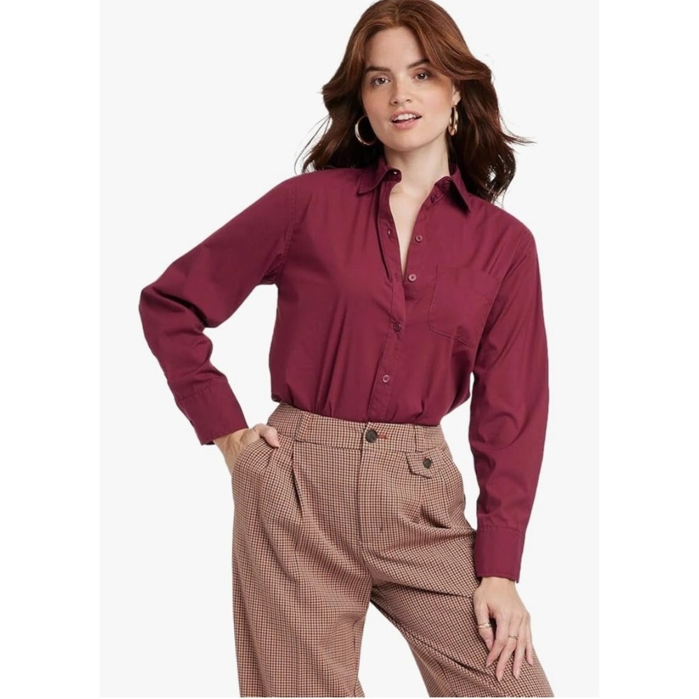 A New Day Womens S Burgundy Long Sleeve Relaxed Fit Button-Up Boyfriend Shirt